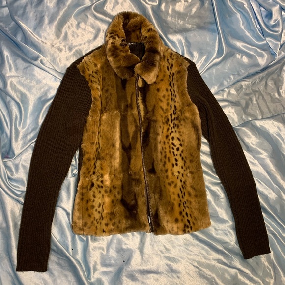 Essentials By Milano Brown Faux Fur Cheetah print Thick Sweater jacket Size S - Picture 1 of 12